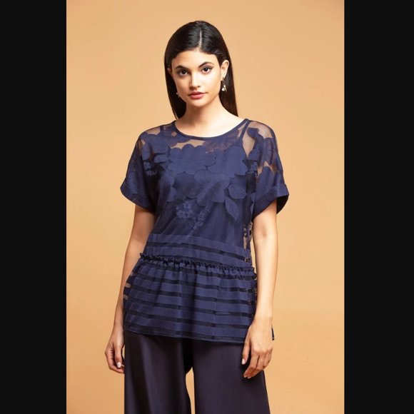 Eva Franco Anthropologie Blue Mesh Floral Peplum Top - Picture 4 of 6